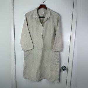 Vikolino natural colored linen, button front shirt, midi dress. S/M